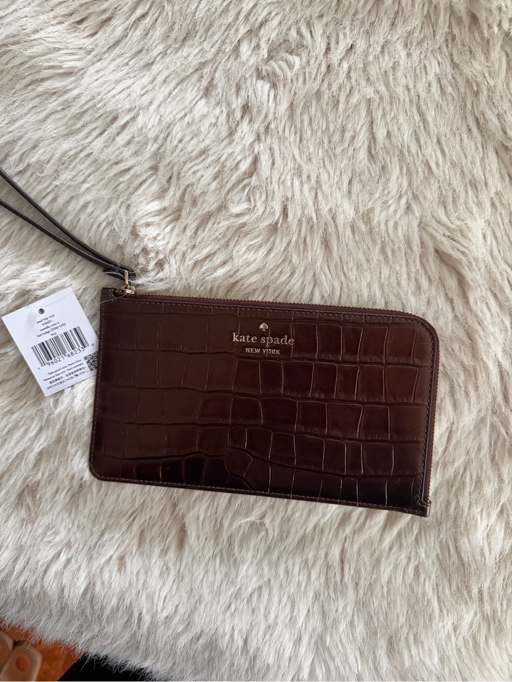 Kate Spade NWT Brown Croc-Embossed Zip Wristlet Wallet
